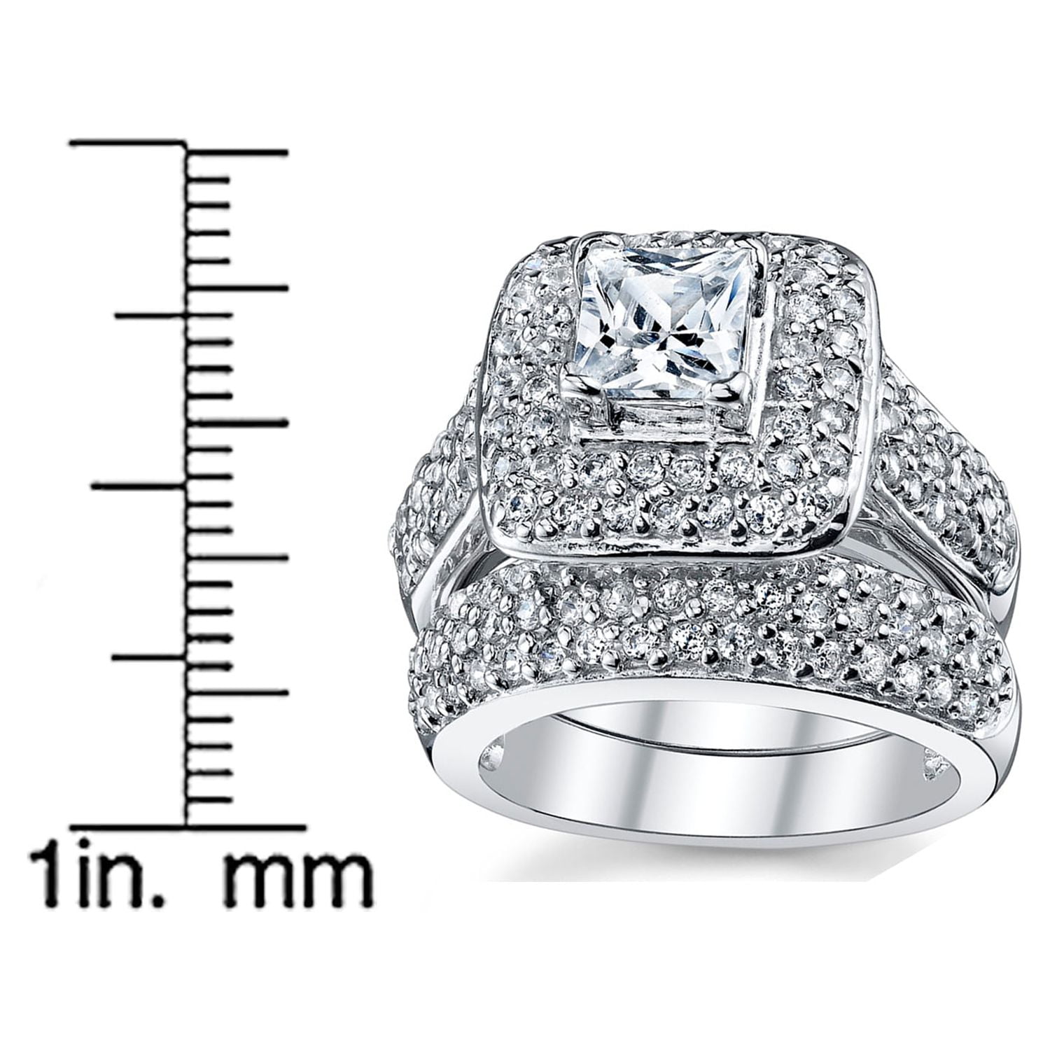 Women's 1 Carat 925 Wedding Engagement Ring Princess Cut Cubic Zirconia  Sterling Silver Simulated Diamond Set