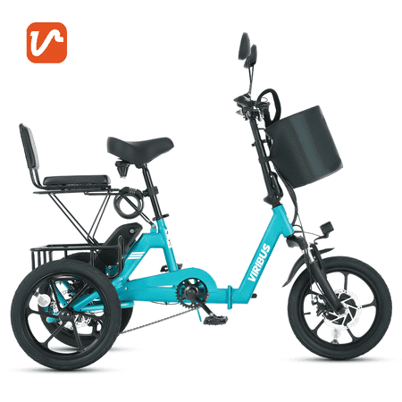 VIRIBUS Folding Electric Tricycle with 2 Seats, 350W 16 in. Foldable Electric Tricycle with Differential Lock UL Certified 48V 10.4Ah Battery, Single-Speed 3 Wheel Electric Bike for Adults Teal