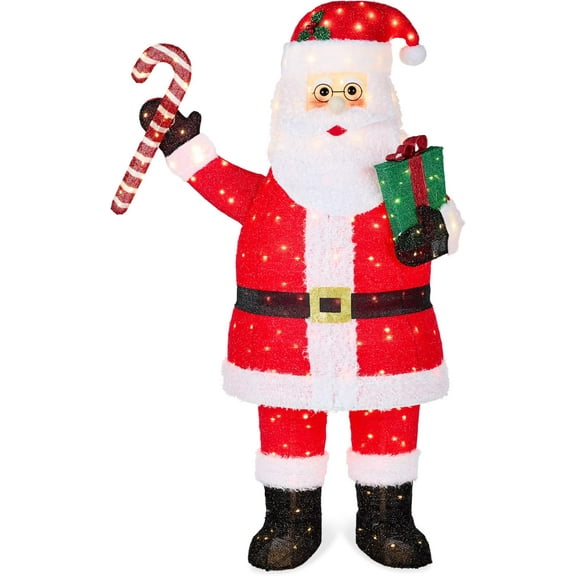 5ft Lighted Pop-Up Santa, Large Outdoor Christmas Holiday Decoration w/ 250 LED Lights, Twinkling Candy Cane, Gift Box, Hat