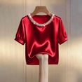 thumbnail image 4 of Xdegoge Blouse for Women Crew Neck Short Sleeve Business Casual Satin Fabric Luxurious Pearl Embellished Collar Elegant Puff Sleeve Chic Formal Interview Professional Workwear Tops, 4 of 5