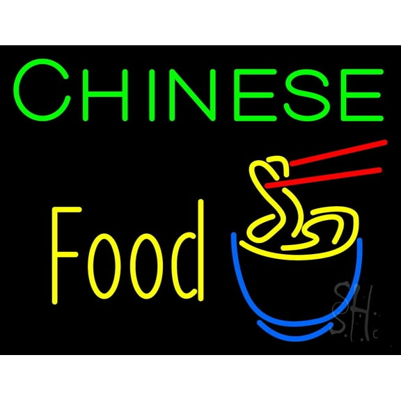 Chinese Food Bowl Logo LED Neon Sign 24 x 31 - inches, Black Square Cut Acrylic Backing, with Dimmer - Bright and Premium built indoor LED Neon Sign for restaurant window and interior decor.