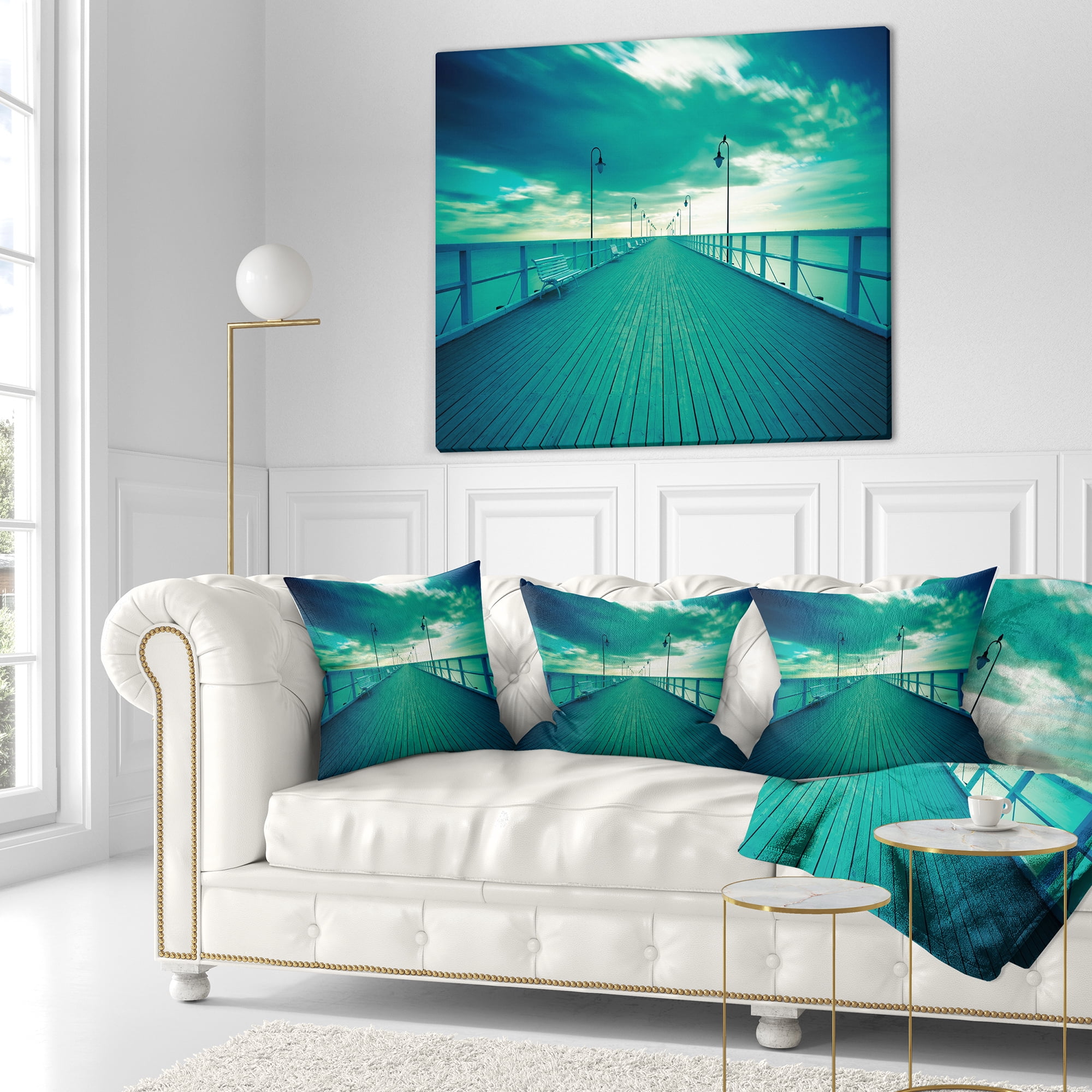 Designart Blue Seascape With Wooden Pier - Bridge Throw Pillow - 18x18