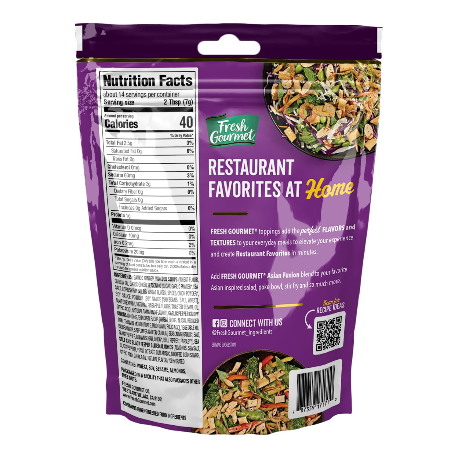 Fresh Gourmet Asian Fusion Crunch Pouch, Single | Garlic Ginger Wontons, Crispy Onions, Sliced Almonds | Elevate Salads, Poke Bowls, Stir-frys 3.5 Ounce (Pack of 4)