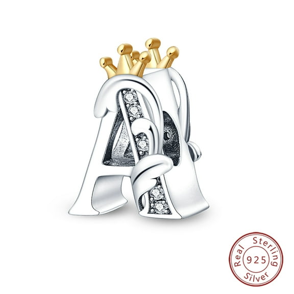 925 Sterling Silver Crown Initial Charms - 26 Letters Alphabet Beads - Fits Bracelets - DIY Jewelry Gift