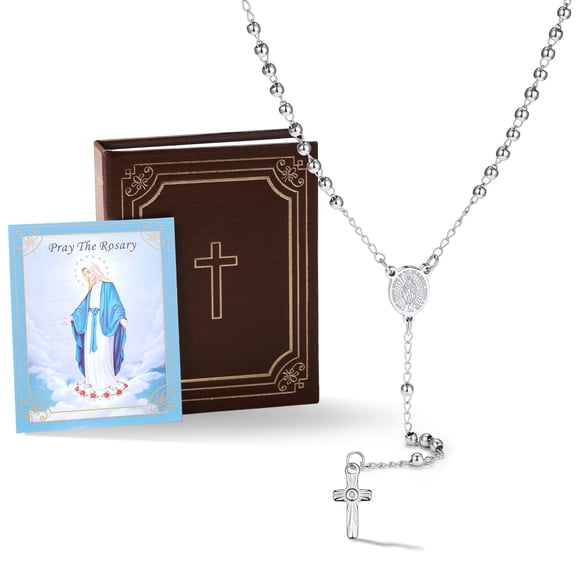 Bestyle Catholic Rosary Beads Necklace for Women Men with Bible Verse Package, 4mm Stainless Steel Virgin Mary Cross Necklace Religious Keepsake Gift