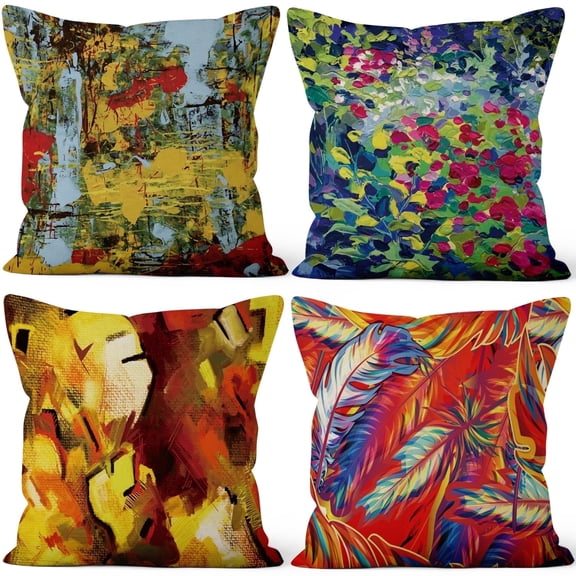 Colorful Outdoor Pillow Covers,Watercolor Linen Pillowcases for Home Decor Sofa Couch,Set of 4 18x18 Inch