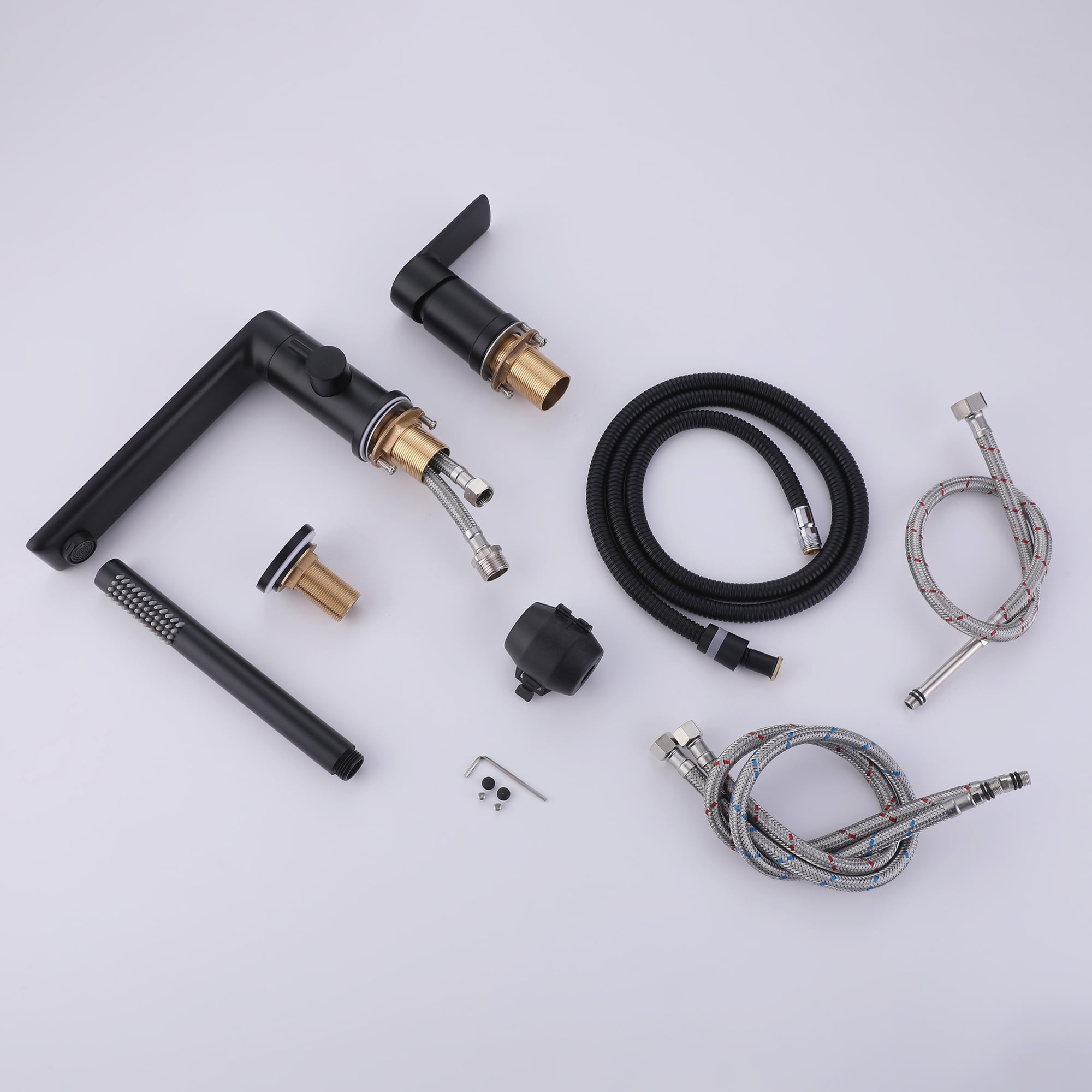 Three Holes Deck Mounted Bathroom 360 Degree Rotable Bathtub Faucet, Two Handles Roman Tub Filler with Hand Shower