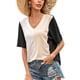 thumbnail image 3 of Camiseta de mujer de manga corta con cuello en V, color block, camiseta holgada de verano, negro, M Vogacara  AP001239-02, 3 of 7
