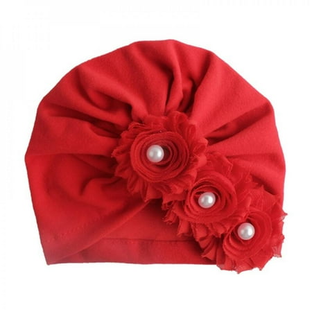 

Clearance!Summer New Cute Baby Girl Hat Comfortable Breathable Solid Color With Flower Pearl Candy Color Turban Elastic Cap Red