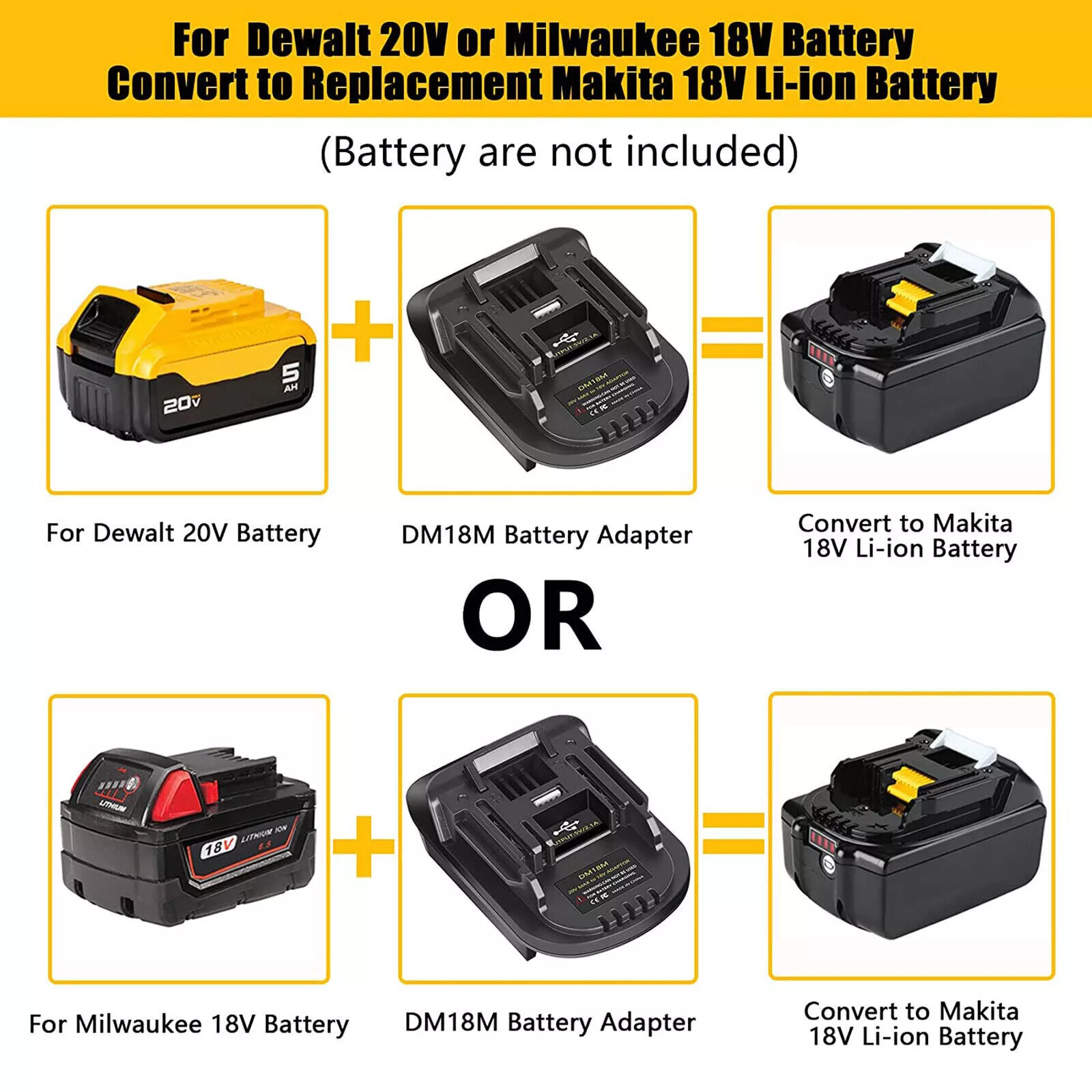 USB Battery Adapter for Dewalt 20V/Milwaukee 18V Convert to Makita 18V Tool