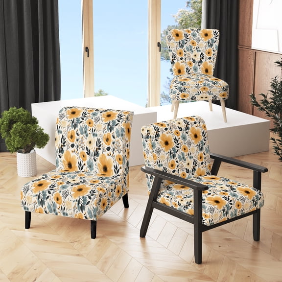Designart "Whimsical Yellow Floral Patterns In Watercolor" Yellow Floral Upholstered Accent Chair - Cottage Arm Chair For Bedroom