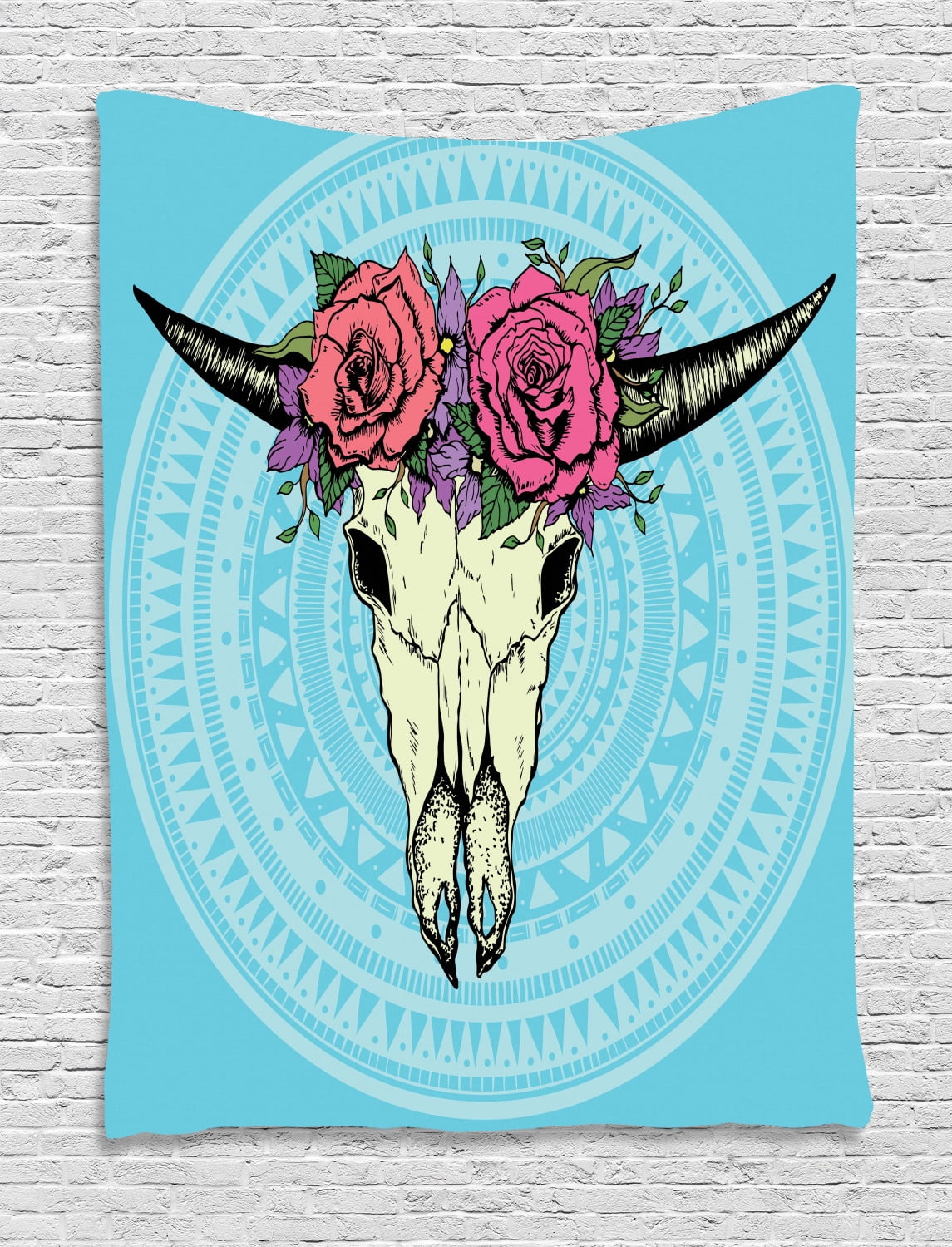 Boho Tapestry, Skull of Buffalo with Colorful Flowers on Horns and Faded Color Mandala ...
