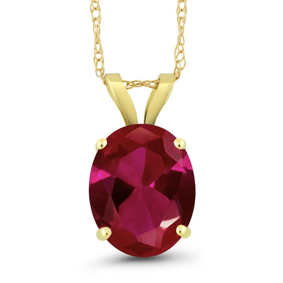 Gem Stone King 14K Yellow Gold Red Created Ruby Pendant Necklace for Women | 2.50 Cttw | Gemstone July Birthstone | Oval 10X8MM | With 18 inch Chain