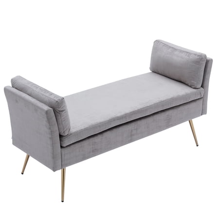 Bench Ottoman  Modern Velvet Upholstered Tufted Dining Bench Bedroom Bench with Two Pillows and Golden Metal Legs  Footrest Stool Accent Bench for Entryway Dining Room Living Room  Grey
