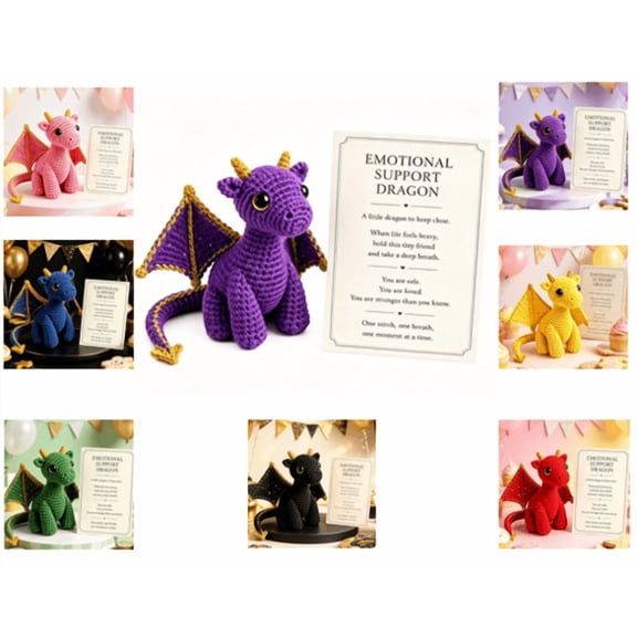 5.9 x 3.1Inch Emotional Support Dragon Pocket Buddy, Inspirational Crochet Animals Stress Relief Gifts,Handmade Knitted Wing Dragon Desk Keepsake with Motivational Cards