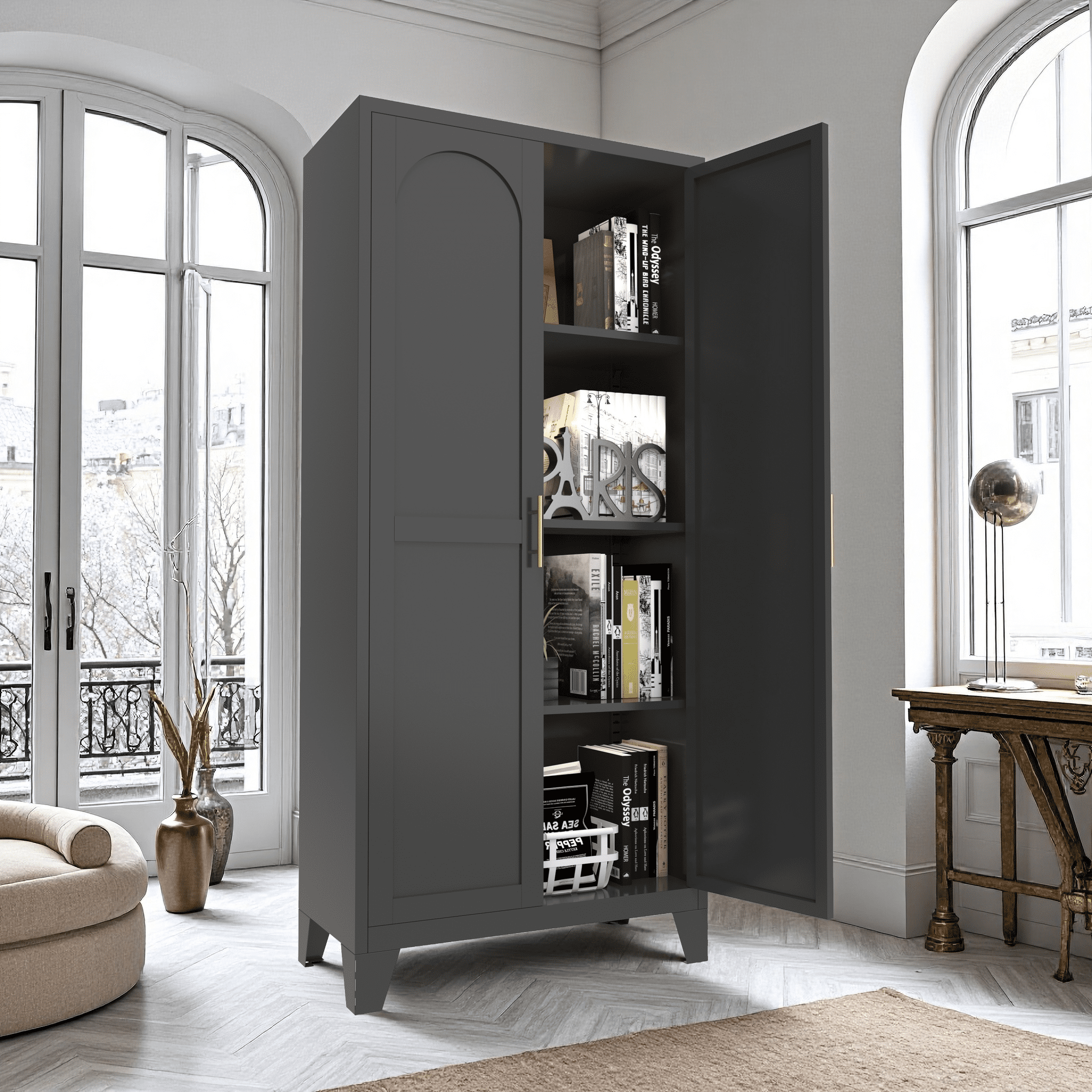 Miniyam 61"H Metal Storage Cabinet with 2 Shaped Doors & Adjustable Shelves – Black, for Bedroom/Living Room