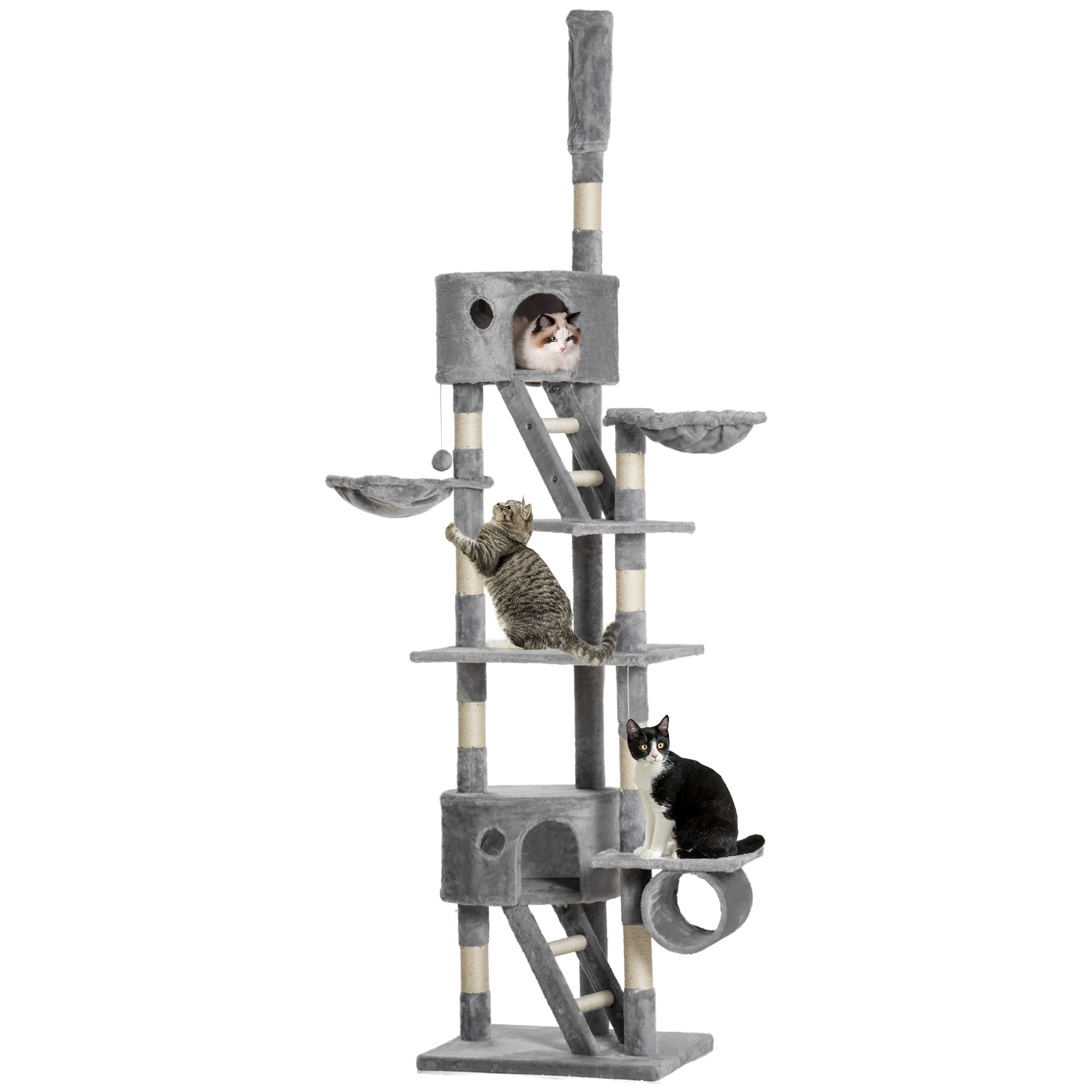 PawHut Floor to Ceiling Cat Tree, 94.5"-102.5" Height Adjustable Cat Climbing Tower with Scratching Posts, Condos, Hammocks, Platforms, Dangling Balls