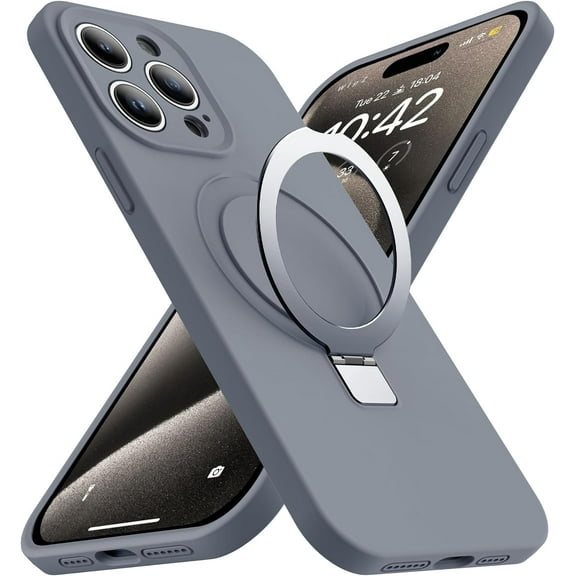 Designed for iPhone 15 Pro Case with Magnetic Invisible Stand Compatible with MagSafe Military-Grade Protection Shockproof Liquid Silicone iPhone 15 Pro Phone Cases for Women Men Gift,Grey