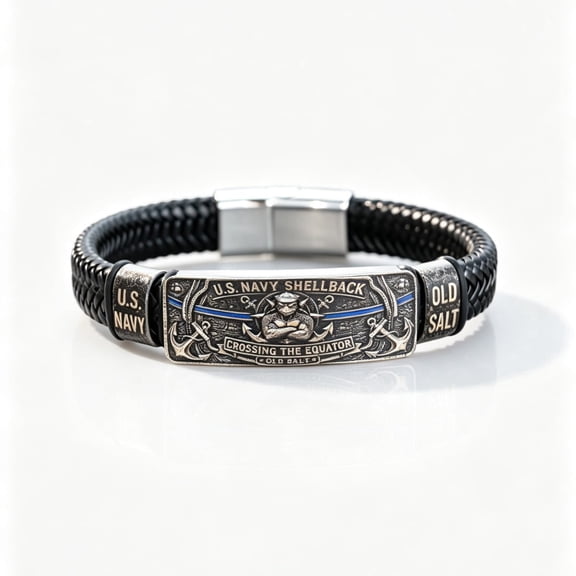 Terandius US Navy Shellback Vintage Woven Bracelet for Men - Stainless Steel Anchor Charm Wristband, Nautical Veteran Gift 22cm