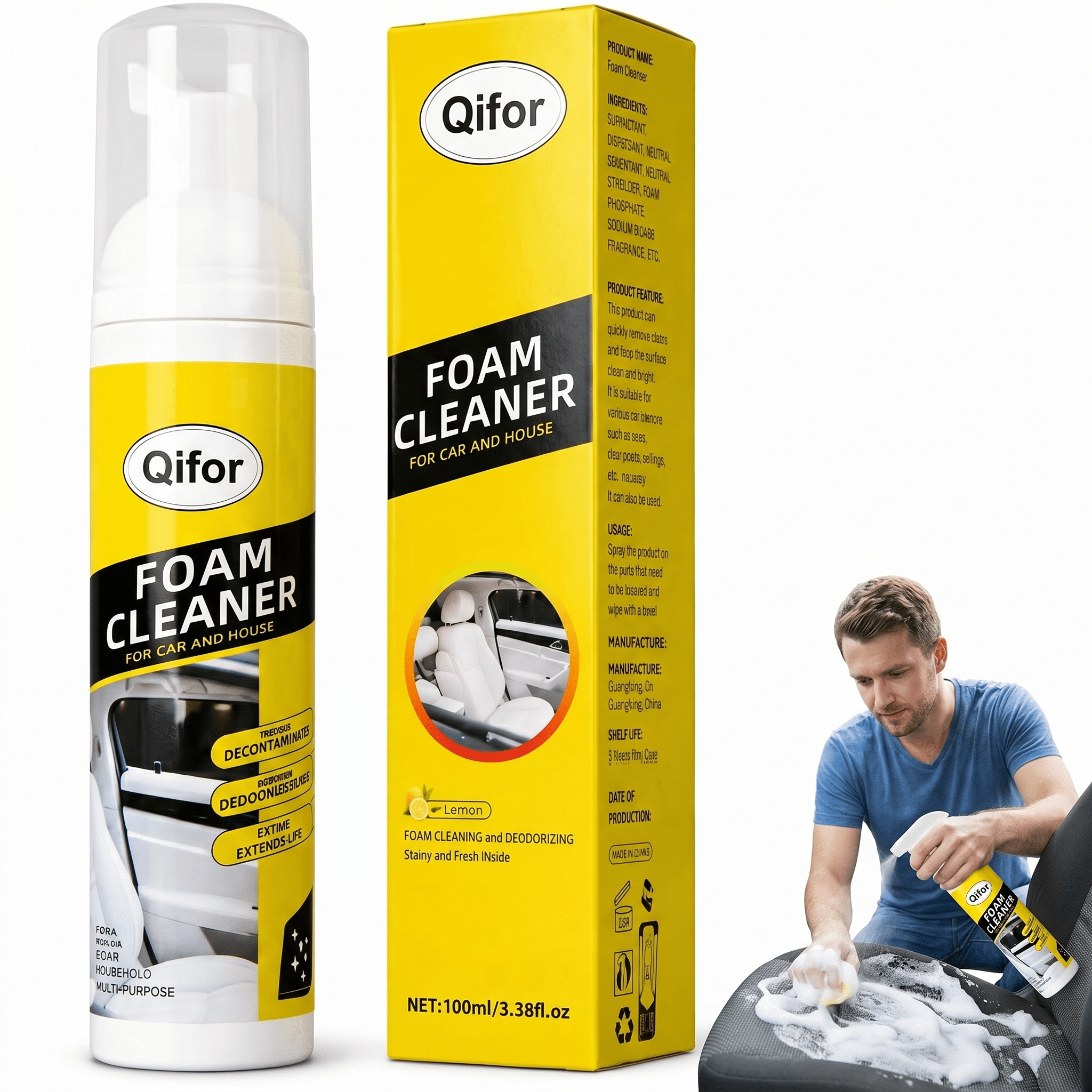 Qifor 4-in-1 Multi-Enzyme Multi-Purpose Foam Cleaner, All Purpose Car Interior Detailer Spray for Auto Detailing, Fabric Car Seats, Home & Office, No Residue Deep  Foam Cleaner
