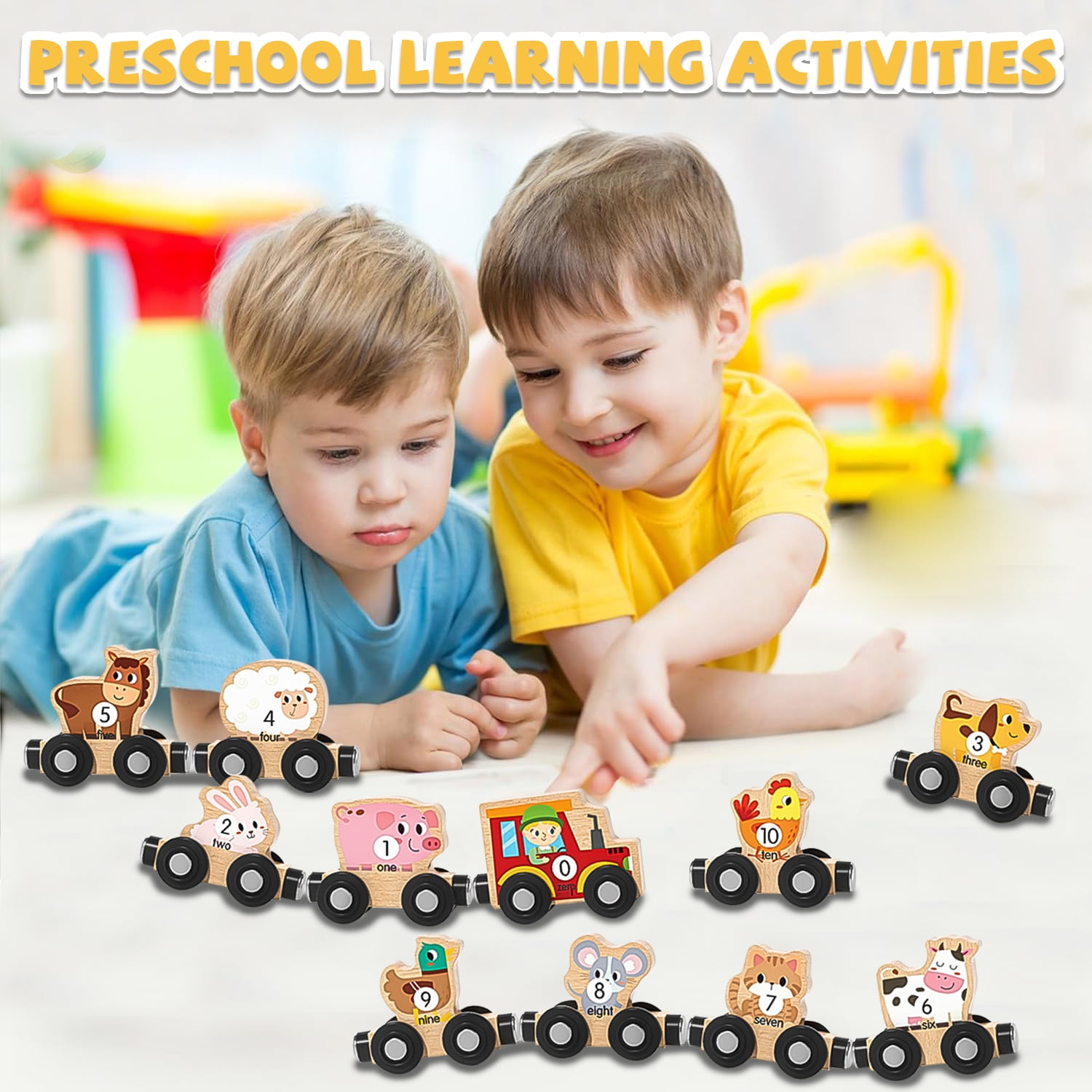 Sytle-Carry Learning Toys for Toddlers 1-3, 11-Piece Magnetic Wooden Animals Train Set, Montessori Toy