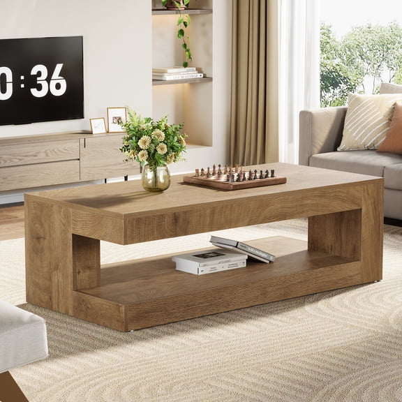 Finmind Modern 2-Tier Coffee Table, 47.24 Inch Rectangular Accent Center Tea Table with Storage for Living Room, Home, Wood Brown