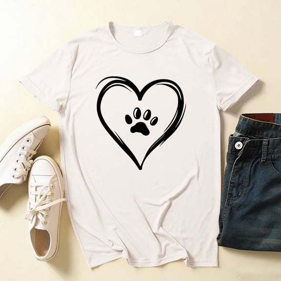 PNTUTB Women's Summer Fashion Dog Paw Heart Print Casual Crew Neck Short Sleeve Pullover Loose Comfortable Tops