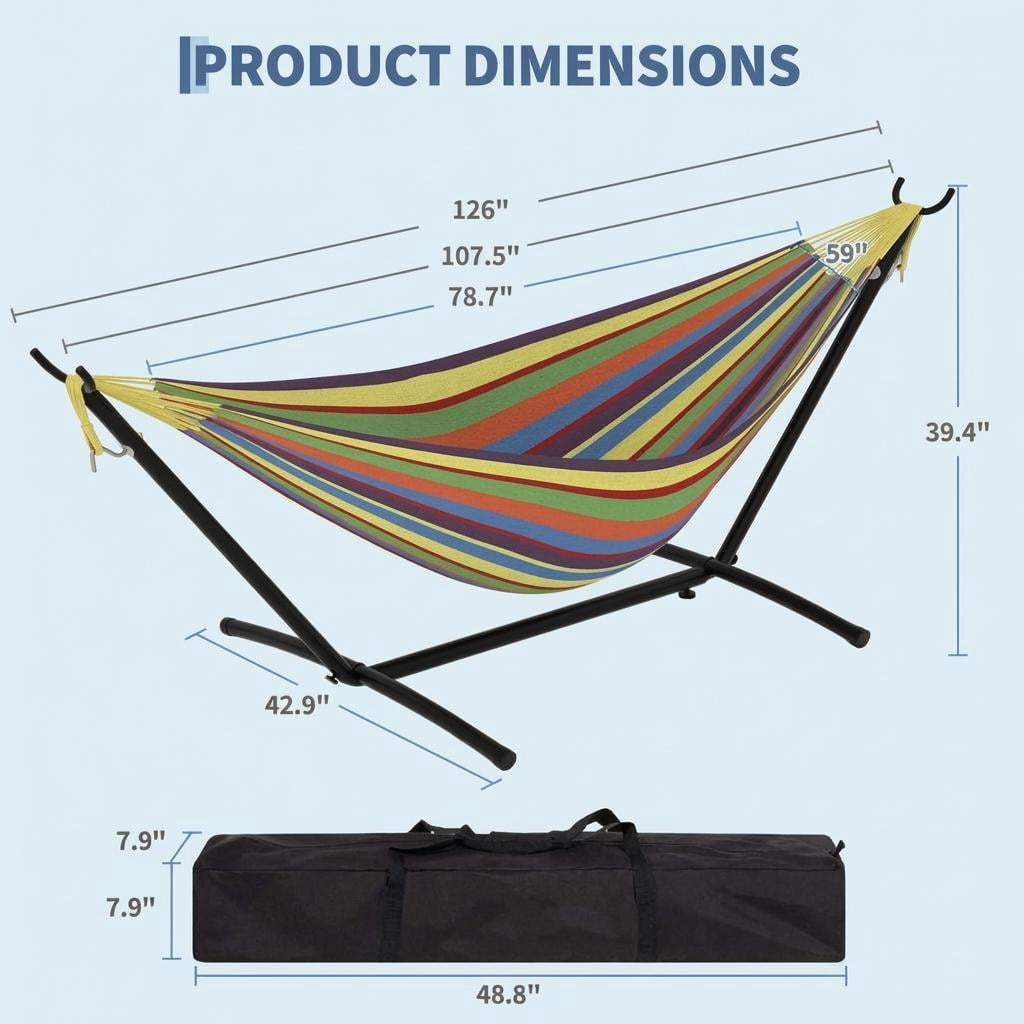 JoanKaren Double Hammock with Portable Space Saving Heavy-Duty Steel Stand,2 Person Outdoor 450lb Capacity Standing Hammocks,Indoor/Outdoor,Yellow Rainbow Stripes