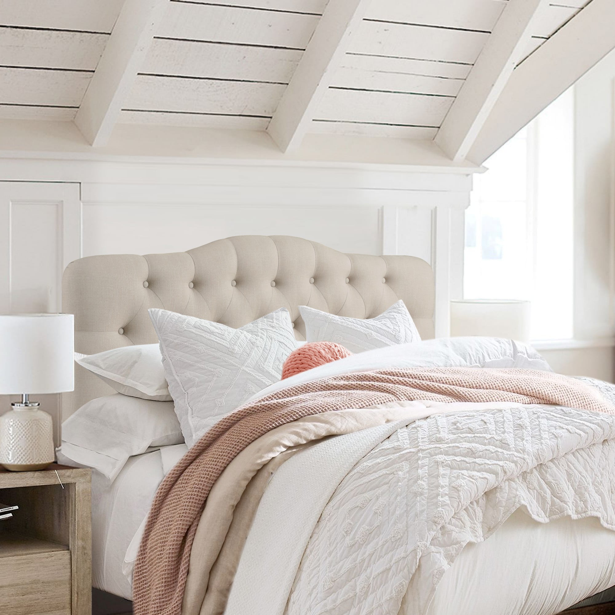 Gewnee Beige King Platform Bed,Linen Fabric Padded Headboard,Solid Wood Slat Support & Sturdy Construction,Ideal for Bedroom,Box Spring Required