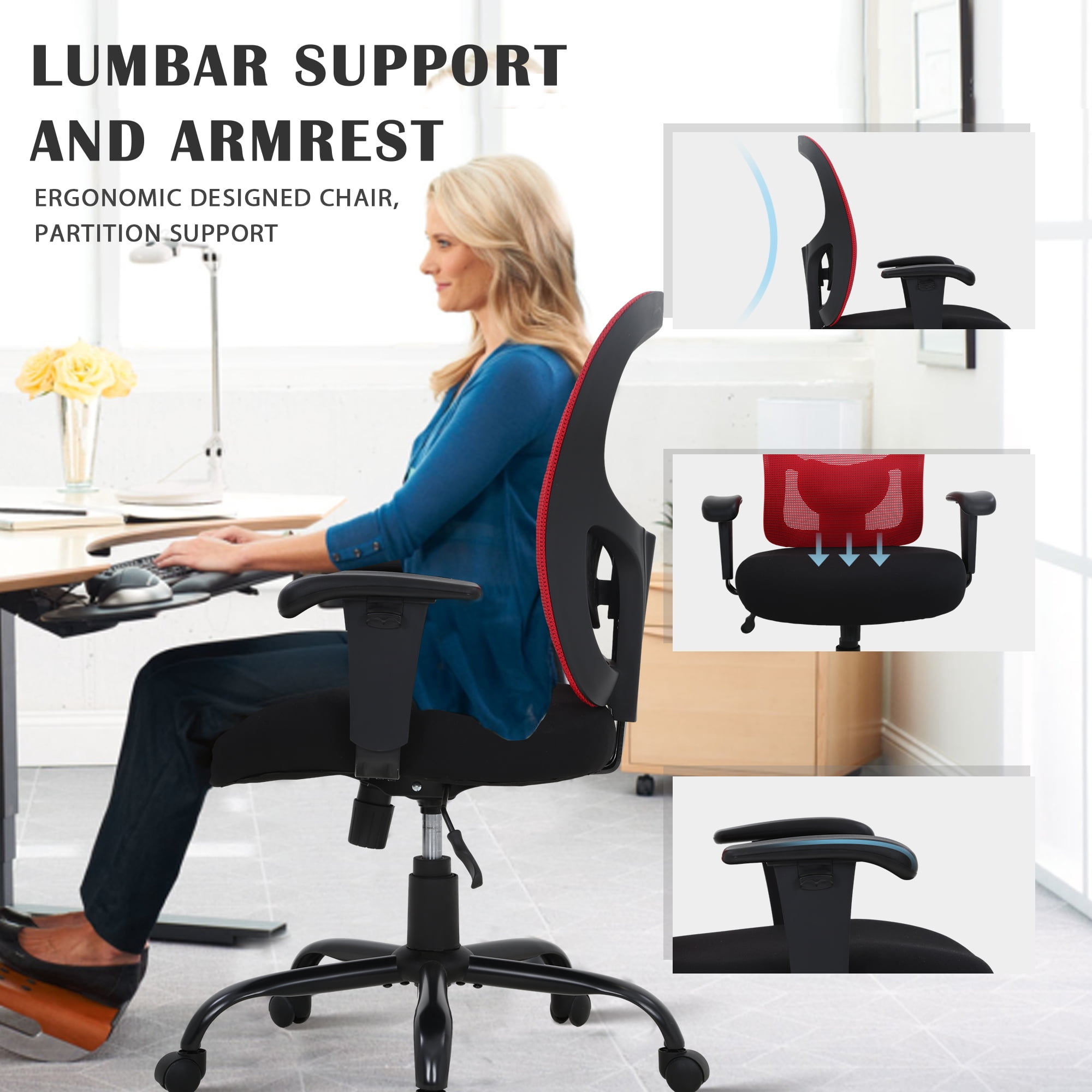 CL.HPAHKL Office Chair Ergonomic Desk Chair, 400lbs Big and Tall Mesh Chair, Computer Chair with Adjustable Arms & Seat Height, Rolling Swivel PC Chair for Home Office, Red