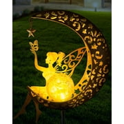 Qoosea Fairy Garden Solar Lights, Fairy Moon Figurine Light Stake, Yard Decorations Outdoor Garden Decor statues, Vintage Gold Lighting