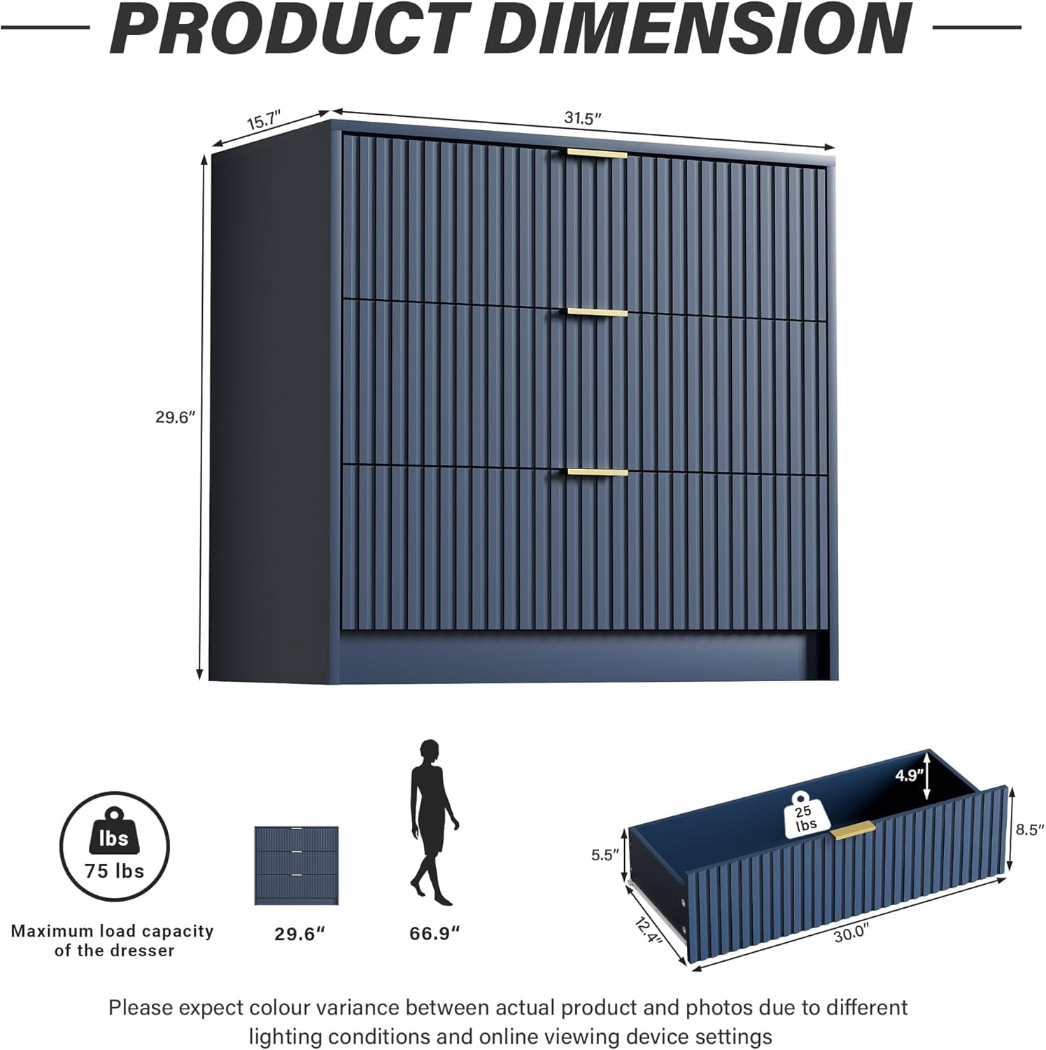 Navy Blue Dresser for Bedroom, Modern Dresser with 3 Drawers and Smooth Slides, Wide Chest of Drawers with Golden Handles for Bedroom, Living Room, Closet, 15.7" D x 31.5" W x 29.6" H