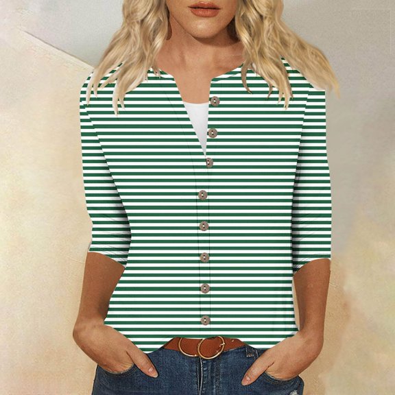 QUNYINEY Green Womens T Shirts Striped Casual Crew Neck Long Sleeve Tops Loose Button Down Drop Shoulder T-Shirts