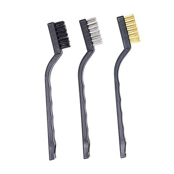 Mini set de cepillos para limpieza y eliminación de óxido - Cepillos industriales de 7 pulgadas con cerdas de acero inoxidable, nailon y latón - Kit de 3 piezas para pulir metales y espacios pequeños