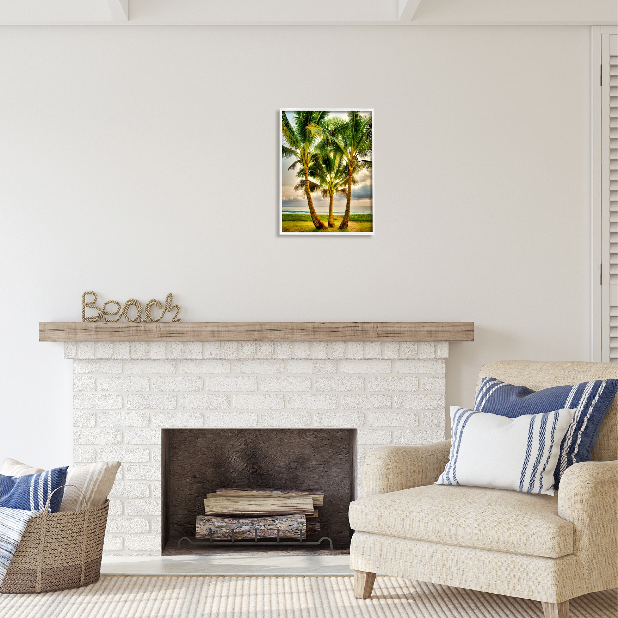 Stupell Industries Three Palm Trees on Beach Nature Painting White Framed Art Print Wall Art, 16 x 20