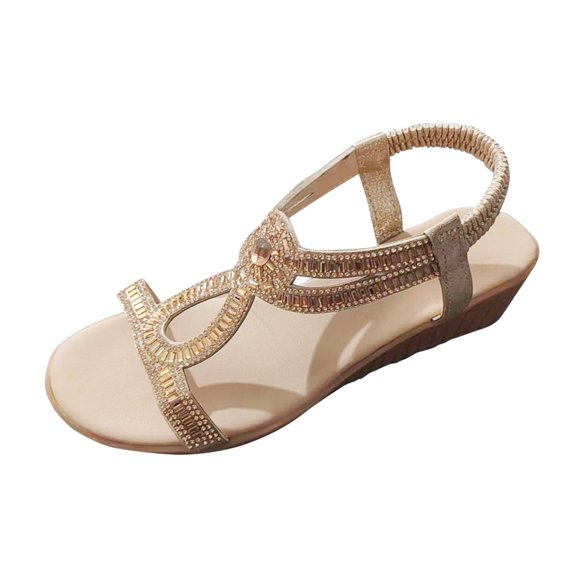 IUJSOY Womens Wedge Sandals Low Heel Dressy Sandals Elastic Ankle Strap Rhinestone Summer Shoes