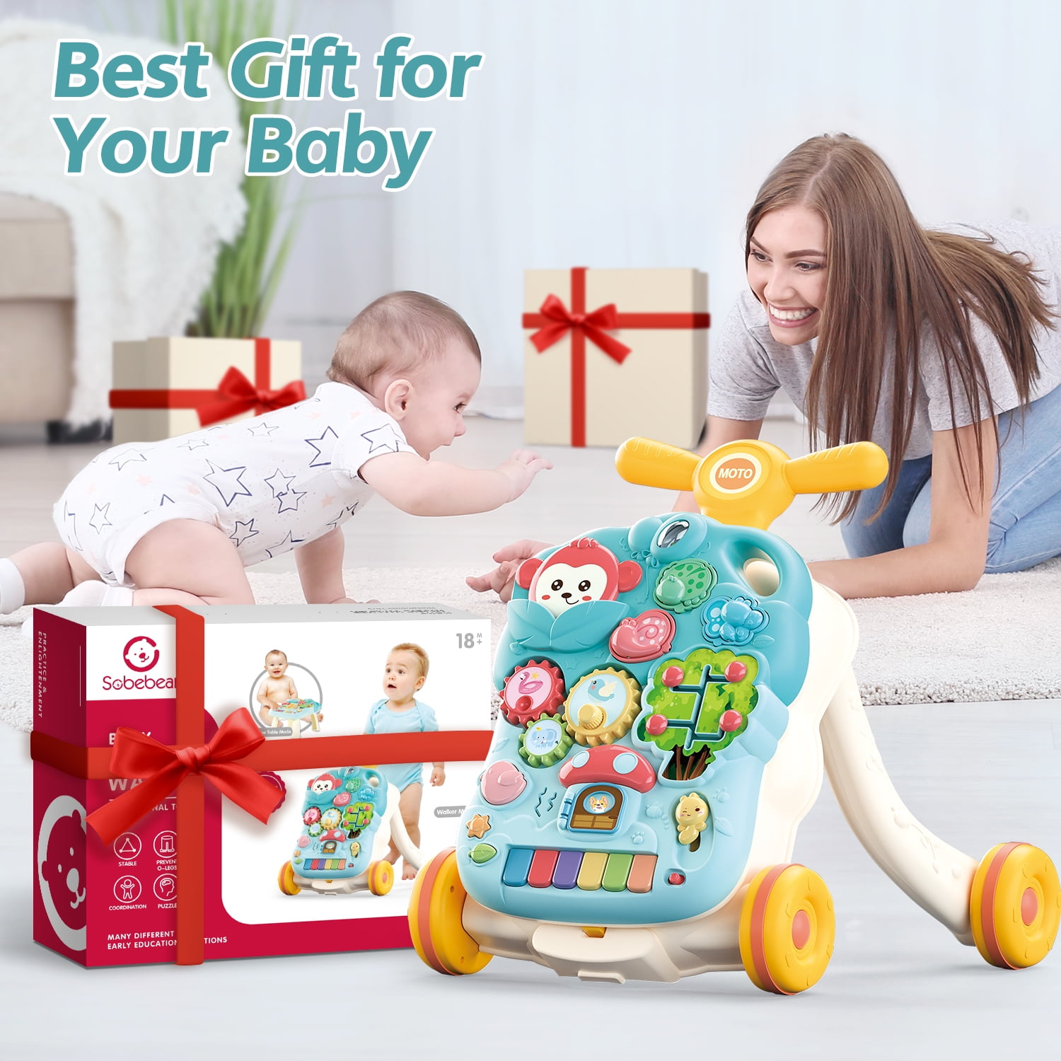 JoyStone 2-in-1 Baby Walker with Musical Play Table, Sit to Stand Toddler Learning Push Toys for 6-18 Months