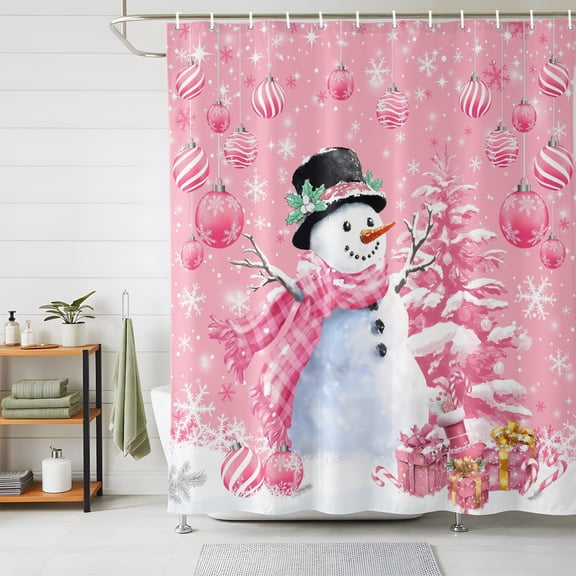 Shower Curtains for Bathroom, Pink Christmas Waterproof Fabric Shower Curtain, Snowman Xmas Tree Ball Gifts Winter Decorative Bathroom Curtain for Bathtub, 72"x78", No Hooks Included