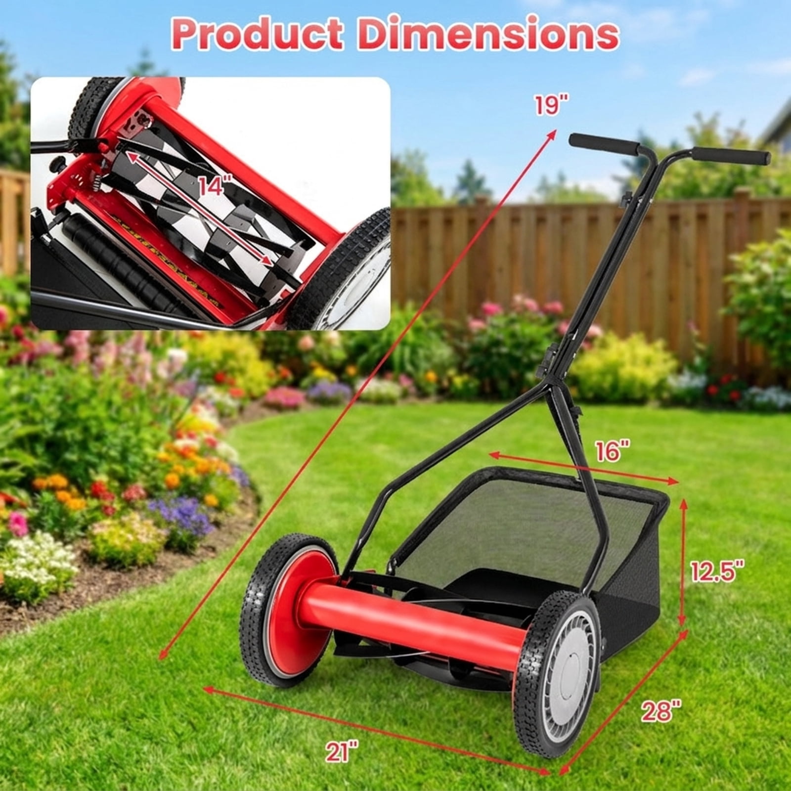 Biotree 16-Inch 5-Blade Push Reel Lawn Mower with 7-Gallon Grass Catcher Bag 4 Height Settings Foam-Grip Handle - Green