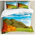 thumbnail image 1 of Cloud Queen Size Duvet Cover Set, Autumn Road with Warm Colored Leaves Mountains and Grassland Cartoon Style Nature, Decorative 3 Piece Bedding Set with 2 Pillow Shams, Multicolor, by Ambesonne, 1 of 3