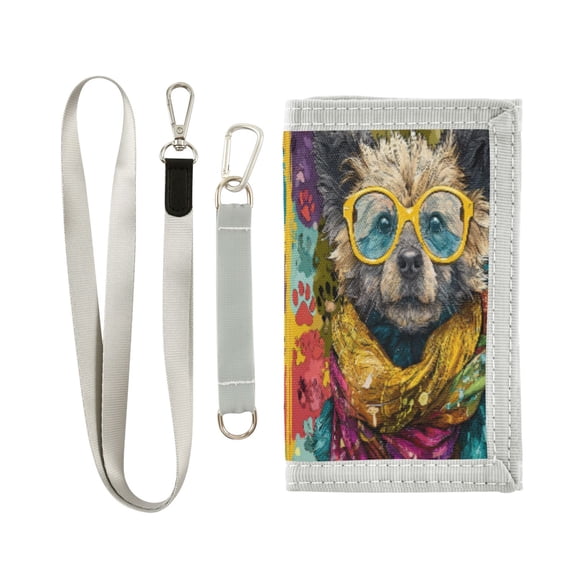 Cloth Wallet with Lanyard & Multiple Compartments Fashion Purse Zipper Clutch Bag for Cash Cards Coins Dog Wearing Yellow Glasses