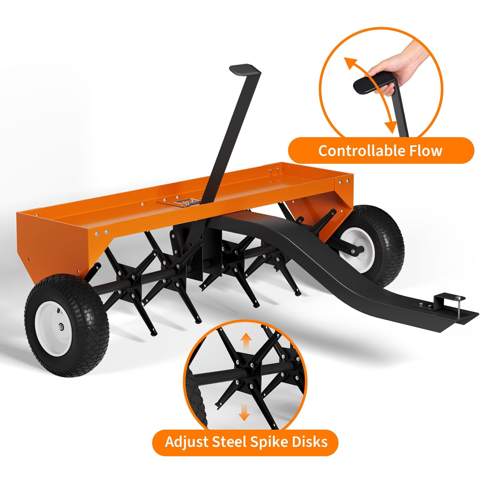 GARVEE 40-Inch Tow Behind Plug Aerator for Lawn Tractor ATV,Heavy Duty Lawn Soil Core Aerator w/ 24 Steel Coring Tines,150 Lb Weight Tray,Universal Hitch,Inflatable Wheels,Orange