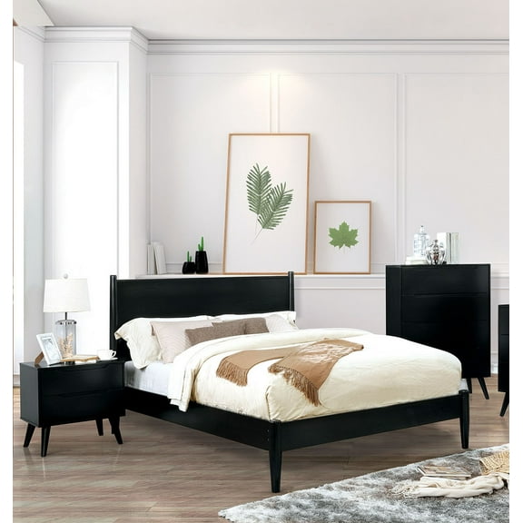 Mid-Century Modern Black Eastern King Size Bed 2x Nightstands 3pc Bedroom Furniture Set Slat Solid wood Recessed Drawer Handles
