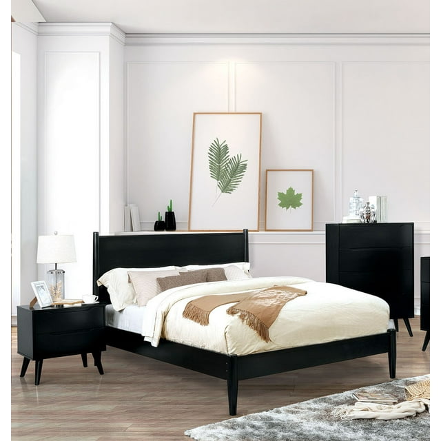 Mid-Century Modern Black California King Size Bed 2x Nightstands 3pc ...