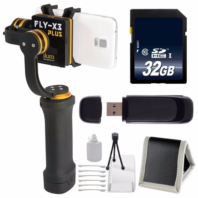 ikan FLY-X3-Plus 3-Axis Smartphone Gimbal Stabilizer with GoPro Mount + 32GB SDHC Class 10 Memory Card + SD Card USB Reader + Memory Card Wallet + Deluxe Starter Kit Bundle