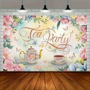 Tea Party Polyester Backdrop Banner - Floral & Butterfly Design with "Tea Party" Script, Pastel Colors, Perfect for Home Decor, Room Wall Decoration, Photo Props, and All-Season Party Supplies