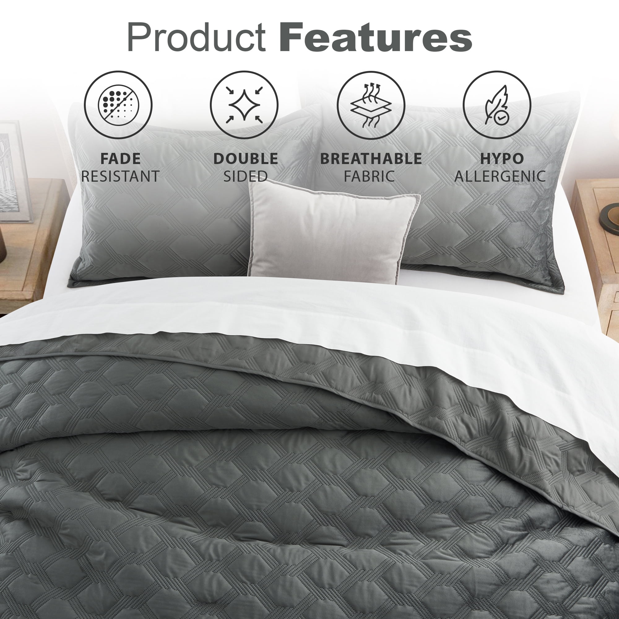 IR Imperial Rooms Velvet Quilt Set 3 Piece Geometric Ultrasonic Embossed Bedspread Reversible 350GSM Soft Brushed Microfiber Gray Full/Queen
