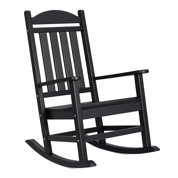 Necaces Outdoor HDPE Rocking Chair, Weather-Resistant Adirondack Rocker with Ergonomic High Backrest, All-Weather Patio Rocker, 400 LBS Capacity, Black