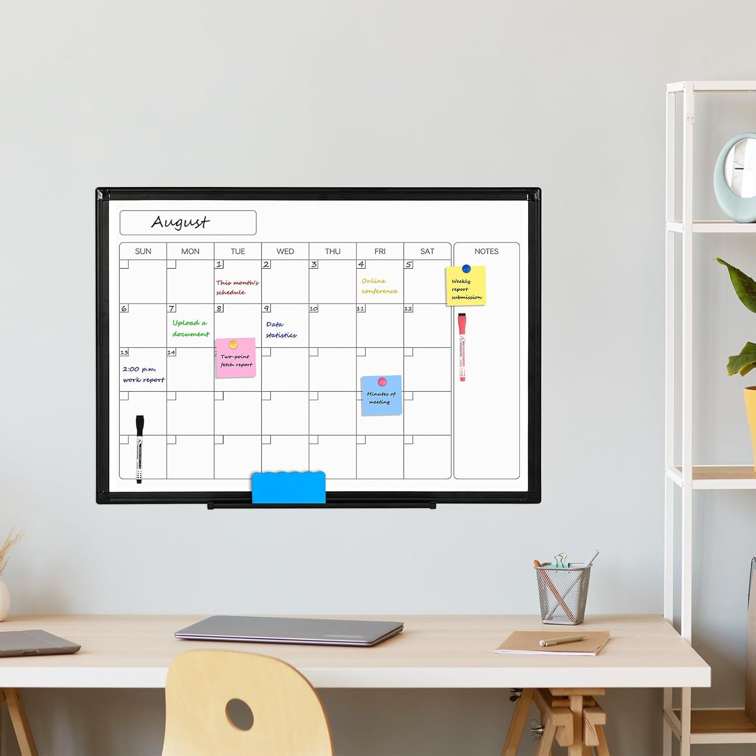 Monthly Calendar Dry Erase Whiteboard – 24x18 Inch Double-Sided Magnetic Board With Frame, Markers & Eraser