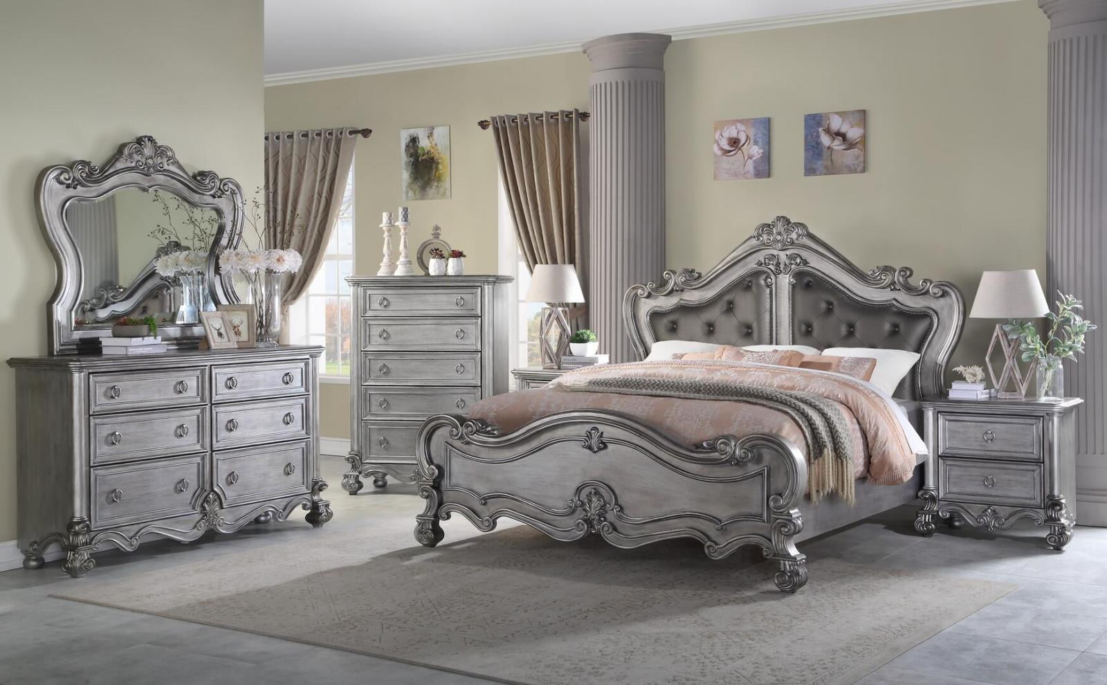 Gray Finish Wood Queen Bedroom Set 6Pcs Transitional ...